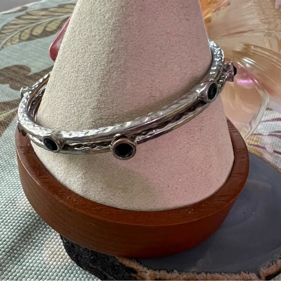 Silver Tone & Stone Bangle Bracelets Set of 2 - Picture 5 of 7